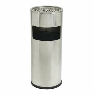 Compass 761250 brushed stainless steel lobby bin with a perforated ashtray grate on top, front opening and black rubber rim at the base