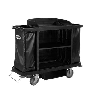 Compass 722473 black open front housekeeping trolley on white: two black side bags with the Compass logo, open shelves, raised top tray and four castors