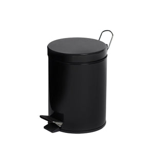 Compass 76990501 round 5 litre pedal bin in gloss black on white with a looped rear handle and a foot pedal at the base