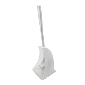 White plastic Compass toilet brush standing in its white wedge shaped holder against a white background