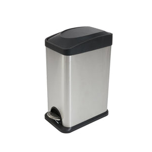 Compass 769715 rectangular brushed stainless steel pedal bin on white with a black lid, black base and a chrome pedal at the front