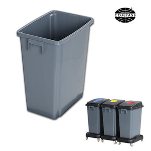 Compass 60L recycling bin body in grey, open top with no lid fitted, tapered sides with side handles, front angle on white