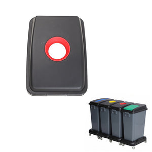 Black Compass bin lid from above with a round opening ringed in red, and an inset showing four grey 60 litre bins with blue, yellow, red and green lids