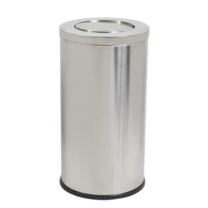 Compass 62L swing top bin in brushed stainless steel standing upright on white background