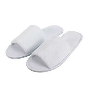 Pair of Compass large white open toe terry cotton slippers side by side, wide towelling strap over the foot