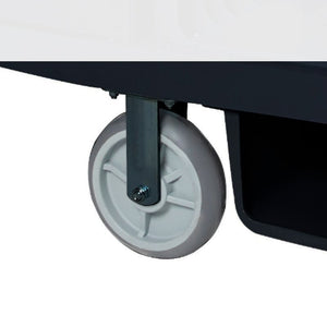 Close view under a trolley base of the Compass 722472FW grey fixed wheel in a straight bracket with no brake lever