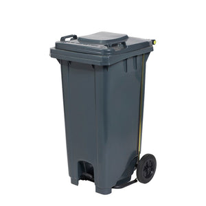 Compass grey 120 litre wheelie bin with foot pedal lid and wheels for commercial waste handling