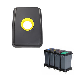 Top view of a black Compass bin lid with a single round opening ringed in yellow, with an inset of four grey bins on black castor bases