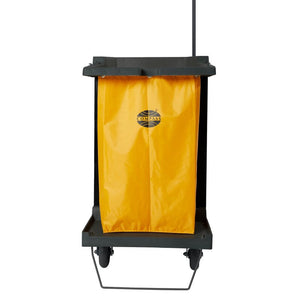 Compass 722430YB light yellow nylon bag with the Compass logo, hanging at the end of a black and grey housekeeping trolley frame on white