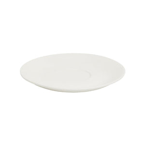 White Connoisseur A-La-Carte saucer seen at a low angle, showing the shallow face and recessed centre ring for the cup