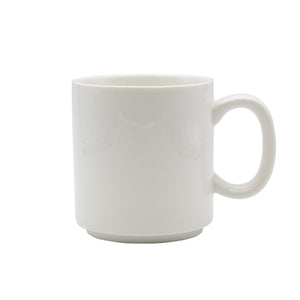 Connoisseur A-La-Carte stackable mug in white porcelain, side view showing the straight sides, rounded handle and stepped foot