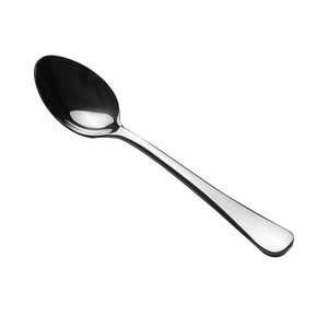 Connoisseur Auberge dessert spoon on white, the polished bowl reflecting dark tones and the handle ending in a rounded flare