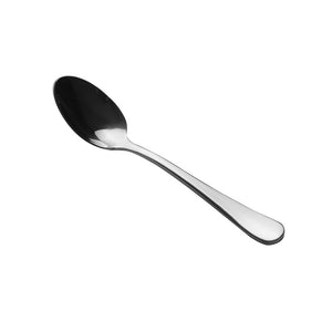 Connoisseur Auberge teaspoon on a white background, small polished bowl at the left and the rounded handle tip at the right