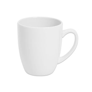 Connoisseur Basics white porcelain mug at an angle, showing the rimmed lip, glossy finish and curved handle