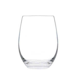 Connoisseur Berlin stemless wine glass on white, a clear rounded egg-shaped bowl that sits flat with no stem