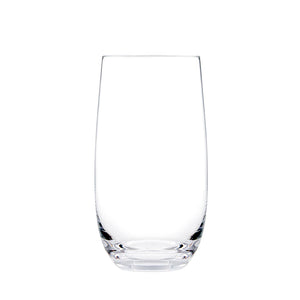 Connoisseur Berlin 410 ml tall tumbler on white, a slim clear glass that tapers gently toward a rounded base