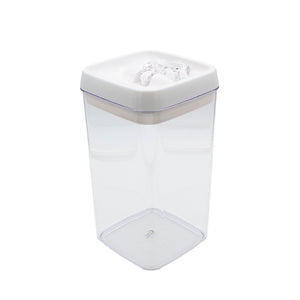 Empty Connoisseur Flip-Tite tall square 2.4 L canister with a white lid and clear ring lever on top