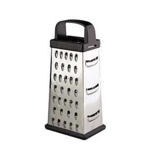 Connoisseur stainless steel four sided box grater with a black top handle and black base, front face showing large raised holes