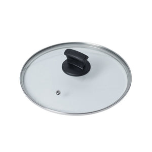 Connoisseur 24 cm round glass lid with a black knob, metal rim and small steam vent, seen from above on white