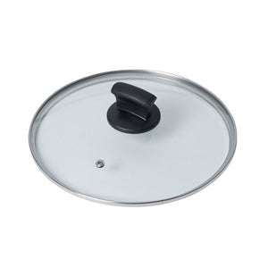 Connoisseur 30 cm glass lid with a black knob, metal rim and steam vent, shown from above on a white background
