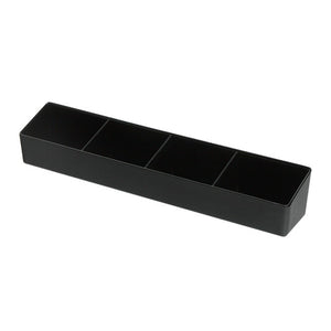 Connoisseur long black melamine sachet holder with 4 compartments viewed from above at a slight angle