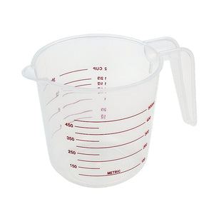 Clear Connoisseur measuring jug with red millilitre and cup scales, a pouring lip and an open handle on the right