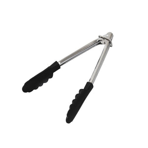 Connoisseur stainless steel tongs with black nylon heads, opened in a V shape with the lock ring at the hinge end