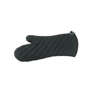Black quilted cotton Connoisseur oven mitt lying flat, with diagonal stitching and a metal hanging ring at the cuff