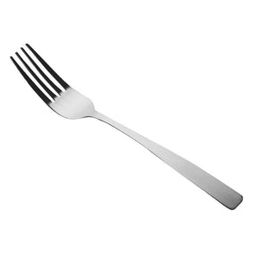 Connoisseur Satin fork on white, four tines at the upper left and a brushed handle widening to a squared end