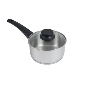 Connoisseur 16 cm stainless steel saucepan with a glass lid, black knob and black Bakelite handle, on a white background