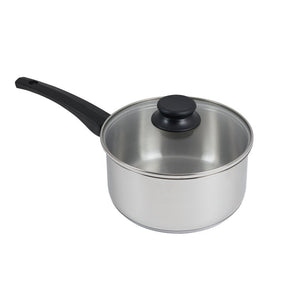 Connoisseur 20 cm stainless steel saucepan with a glass lid, black knob and black Bakelite handle, on a white background