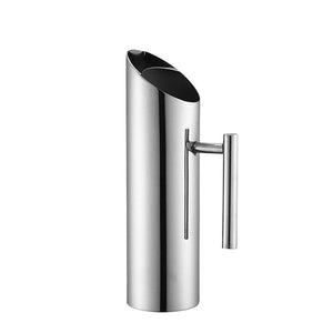 Connoisseur polished stainless steel water pitcher with a slanted open spout and a straight bar handle, on a white background