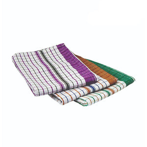 Three folded Connoisseur tea towels stacked, with purple, tan and green stripes on a white checked weave