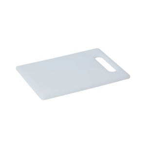 White Connoisseur plastic chopping board lying flat at an angle with a long cut-out handle at one end