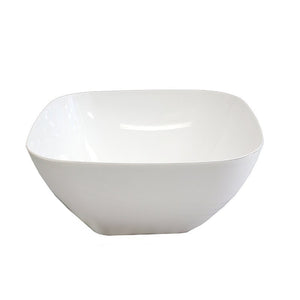 Connoisseur white plastic salad bowl on white, square top with rounded corners and sides sloping to a narrower base