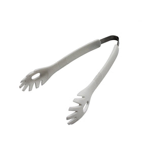 Connoisseur white plastic salad tongs open on white, toothed heads with oval holes, ribbed grips and a metal spring band at the hinge