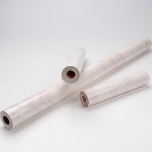 Three unlabelled clear book covering rolls on a pale grey background with red gridded backing paper, ACCO's representative photo for Contact 0333850