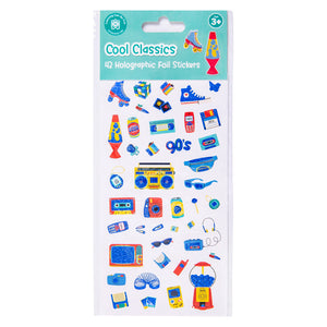 Retail packaging of the Learning Can Be Fun Cool Classics Holographic Sticker Set featuring 42 holographic foil stickers inspired by retro trends, classic gadgets and nostalgic favourites.