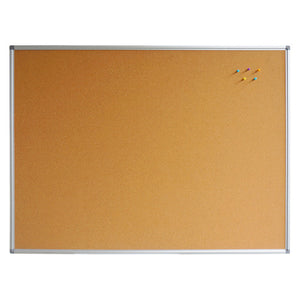 Rapidline Standard Corkboard shown front on, a plain composite cork surface inside a silver aluminium frame with a few coloured pins in the top right corner.