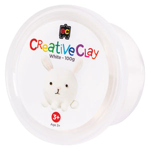 Educational Colours CreativeClay White 100g packaging shown on a plain background featuring rabbit project artwork and product branding. The image clearly presents the container design and intended creative application.