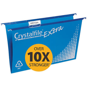 Crystalfile Extra foolscap suspension files in blue, pack of 20, with tabs and inserts included