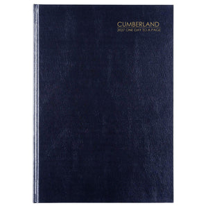 Cumberland Casebound Diary 2027 A4 Day To A Page Blue shown front on, the blue cover, closed flat against a plain background.