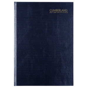 Cumberland Casebound Diary 2027 A5 Day To A Page Blue shown front on, the blue cover, closed flat against a plain background.