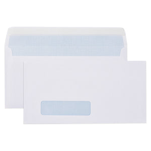 Clean product display showing the Cumberland DLX white window security envelope with matching insert, highlighting the blue internal security pattern, address window and strip seal closure against a white background.