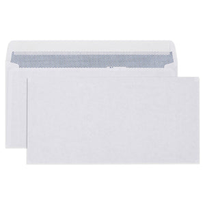 Two Cumberland 6033113 white DL laser envelopes, one behind with the wallet flap open showing the dark secretive pattern inside
