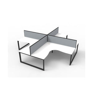 Rapidline Deluxe Rapid Infinity loop leg four person corner workstation pod with natural white tops, black satin frames and grey fabric desk mounted screens, angled studio render