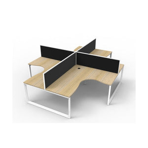 Rapidline Deluxe Rapid Infinity loop leg four person corner workstation pod with natural oak tops, white satin frames and black fabric desk mounted screens, angled studio render