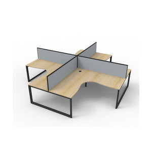 Rapidline Deluxe Rapid Infinity loop leg four person corner workstation pod with natural oak tops, black satin frames and grey fabric desk mounted screens, angled studio render