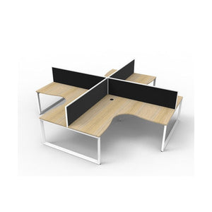Rapidline Deluxe Rapid Infinity loop leg four person corner workstation pod with natural oak tops, white satin frames and black fabric desk mounted screens, angled studio render