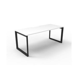 Rapidline Deluxe Infinity single sided loop leg desk in Natural White top with Black Satin loop legs, angled view from the front corner